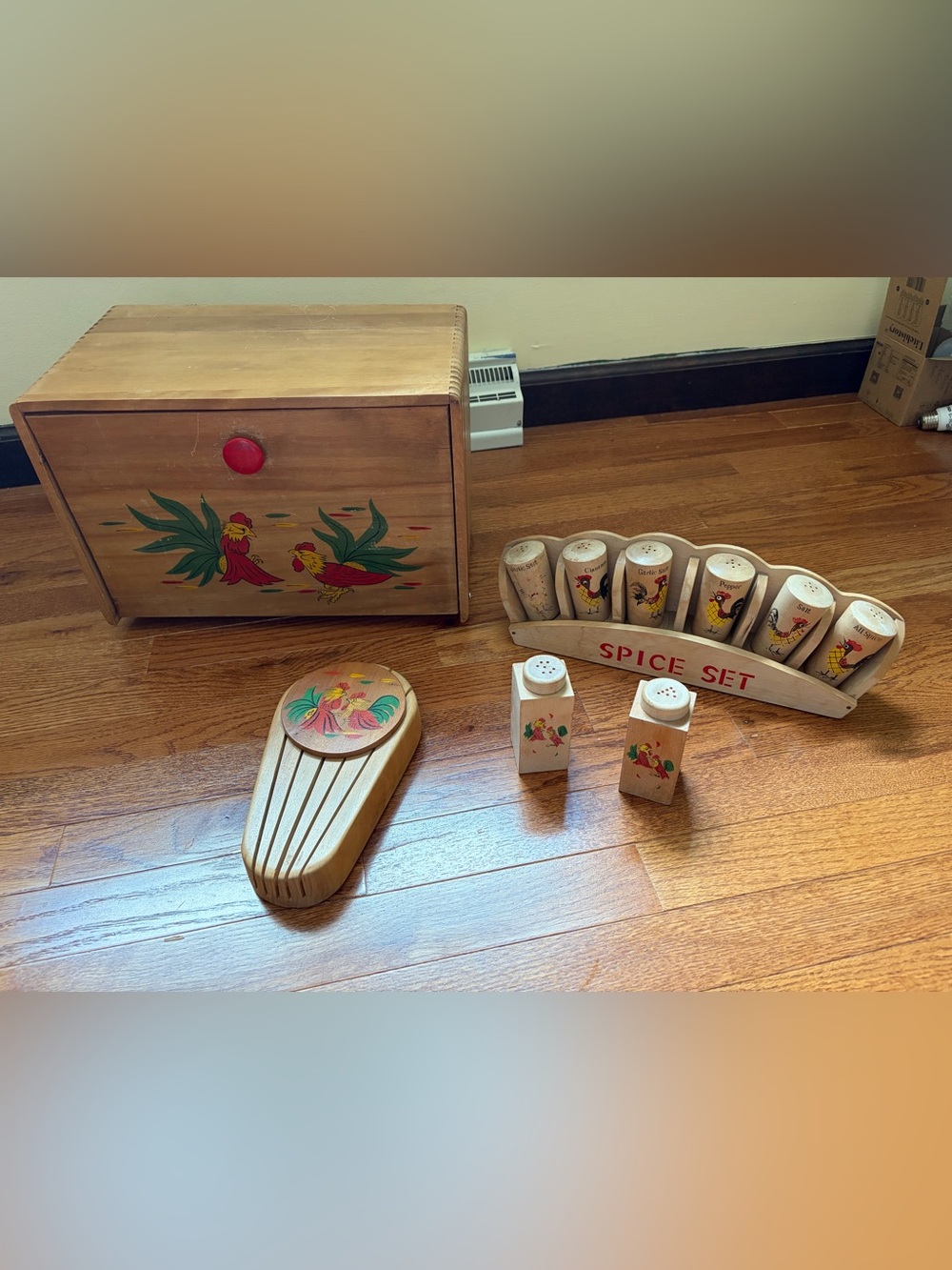 Vintage Chicken Bread Box with Knife and Spice Rack